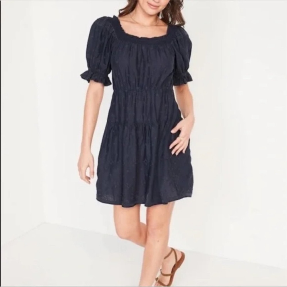 Old Navy tiered smocked embroidered prairie puff sleeve dress